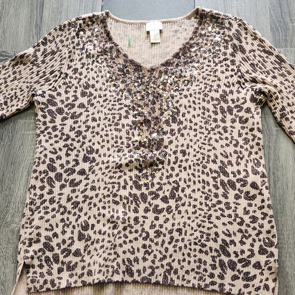 Chico's Beige Leopard Print Sequin V-Neck Top